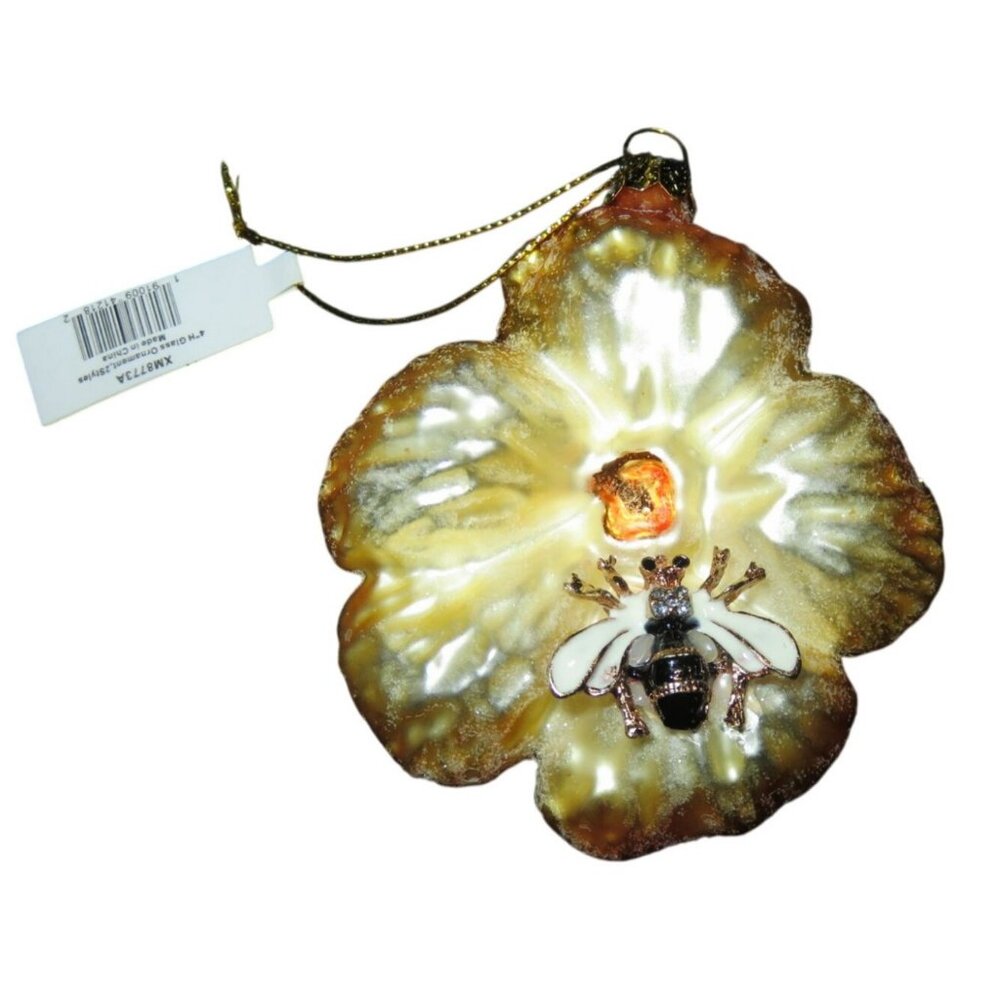 Handblown Glass Christmas Ornament Flower & Enamel Metal Bee with crystals